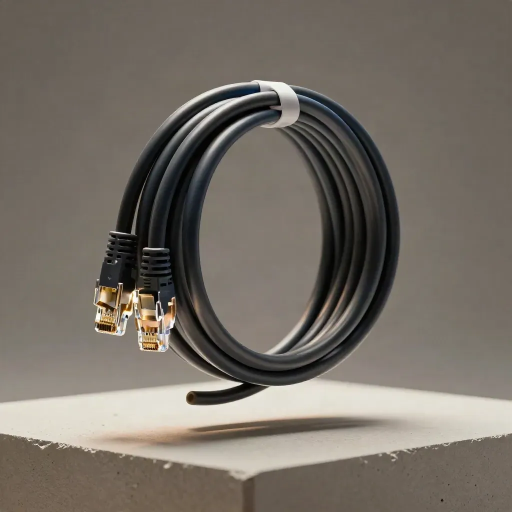 Floating Cat6 cable coil with RJ45 boots above pale plaster, lit with crisp studio raking light.
