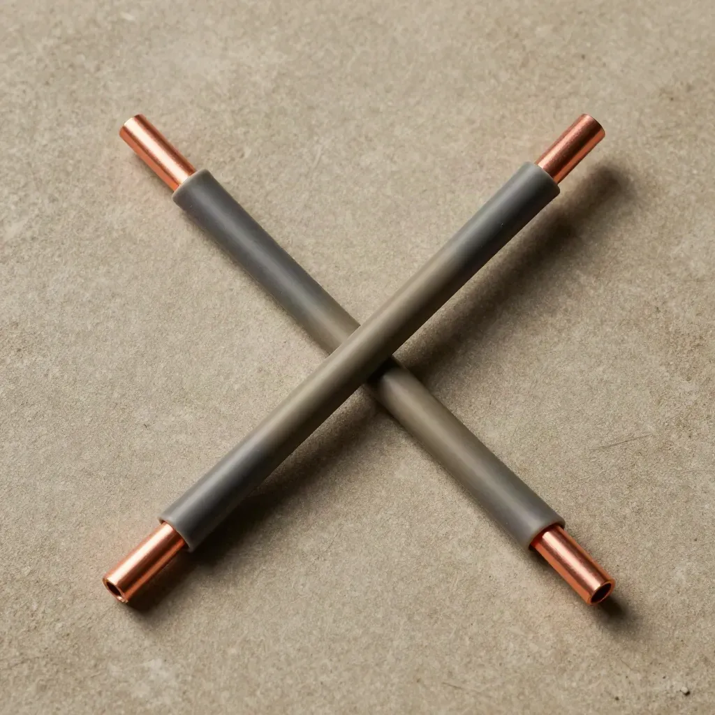 Top-down flat lay of two crossed power wire spools with copper ends and a grounding clip on sand concrete.