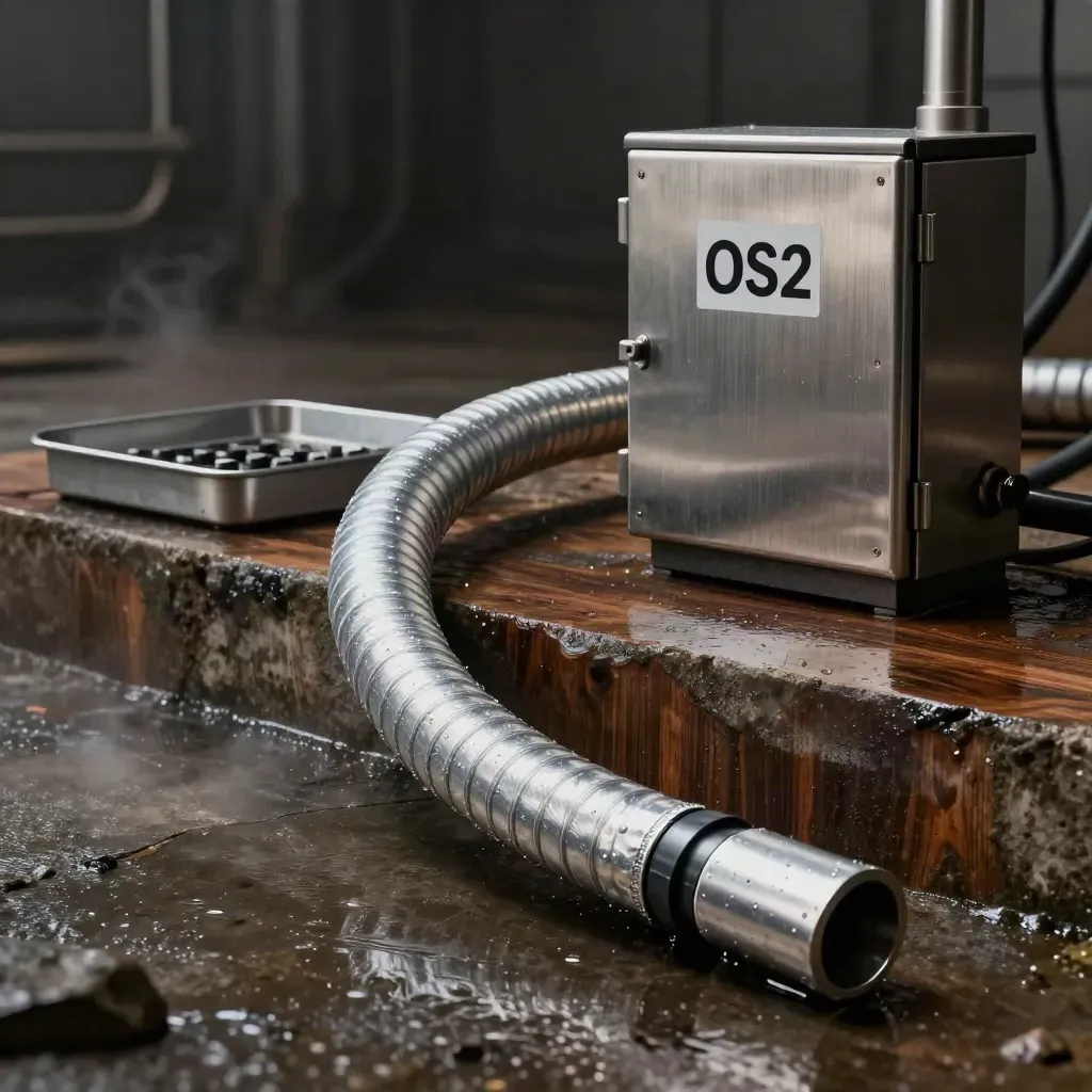 Armored fiber cable curves over wet stone in a moody studio with cool rim light and haze.