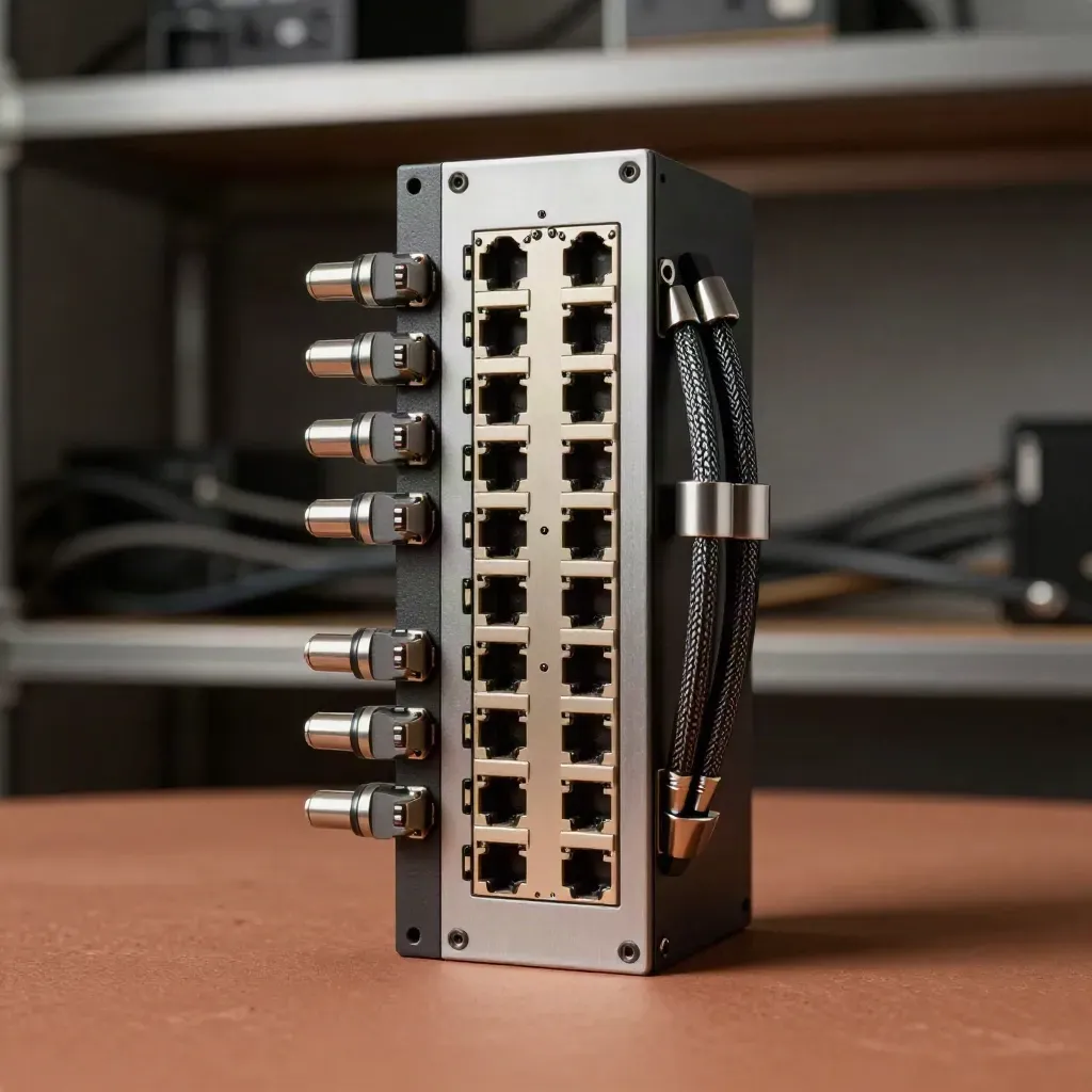 Rack-mount patch panel with connector bundles on a terracotta surface, studio-lit.