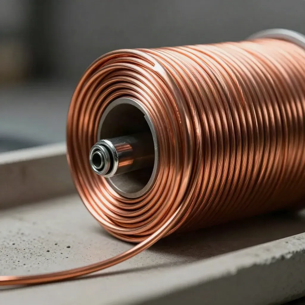 Macro copper ground wire spool with exposed strands and clamp on pale concrete.