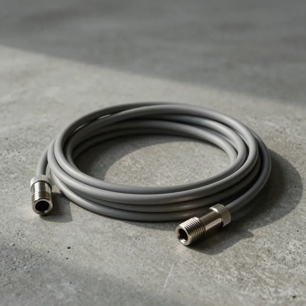Coiled M12 sensor cable around a brushed metal puck on cool concrete