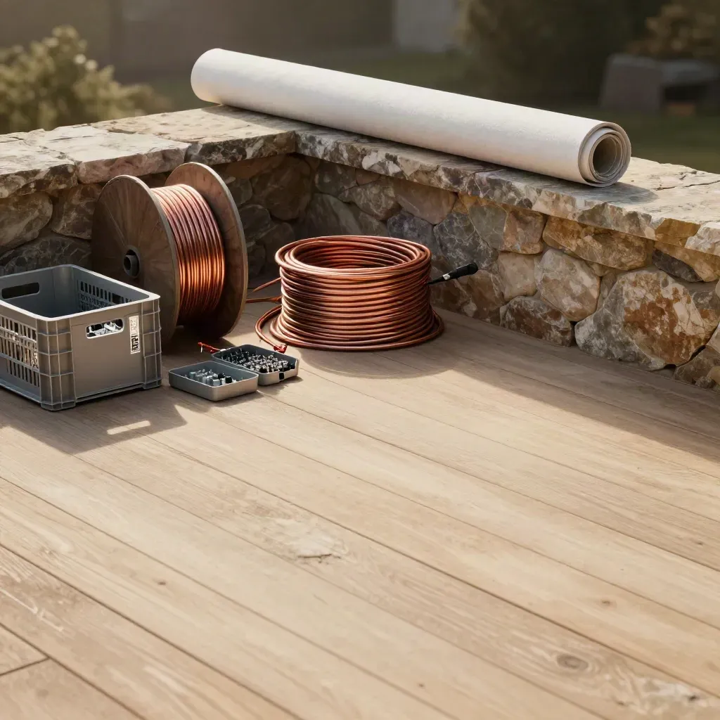 Workshop terrace with cable crates, a partial reel, and warm stone-and-wood textures