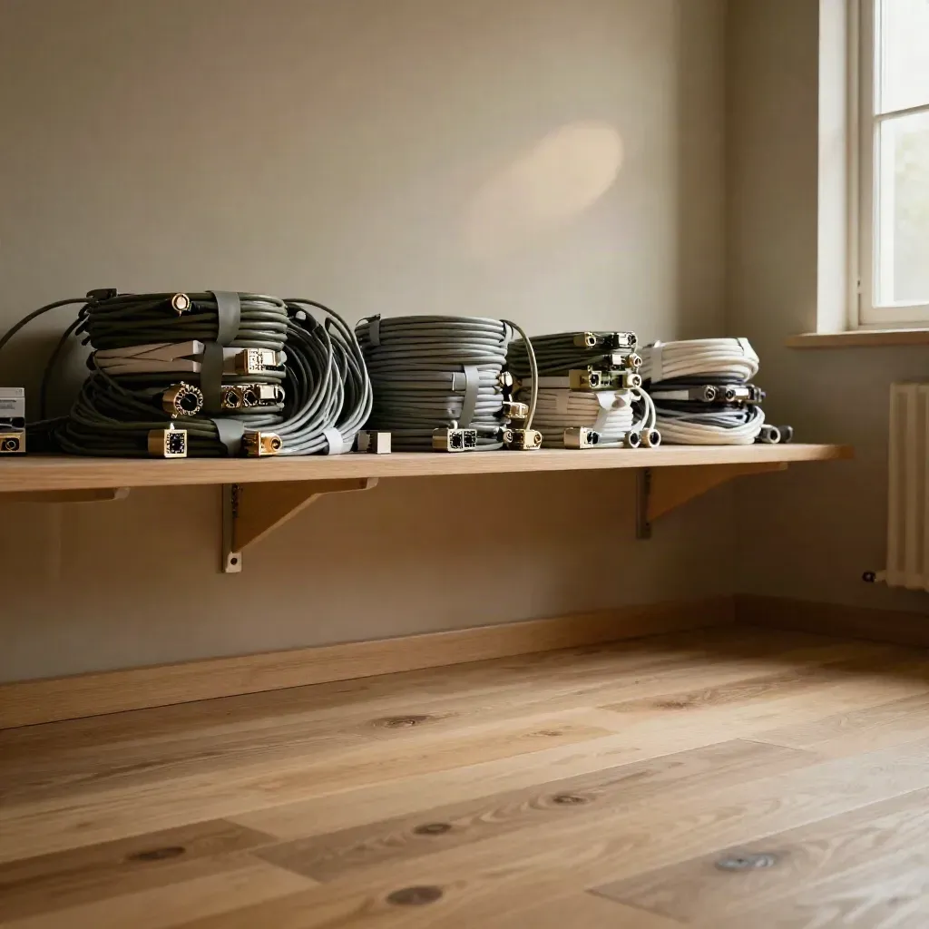Timber-lined cable room with neatly bundled data cables on a high shelf, soft window light, empty lower space