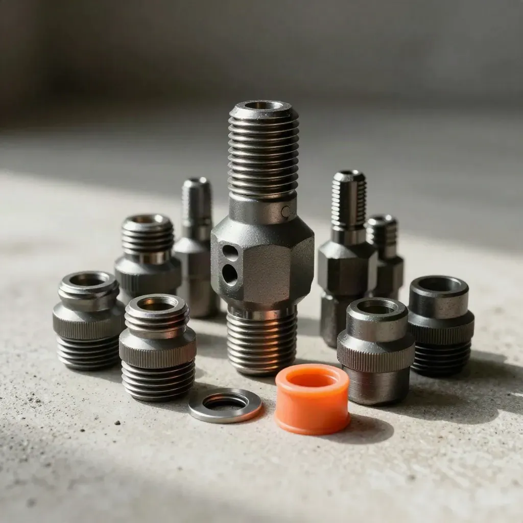 Industrial plug kit components clustered on pale concrete with orange ring and soft rim light